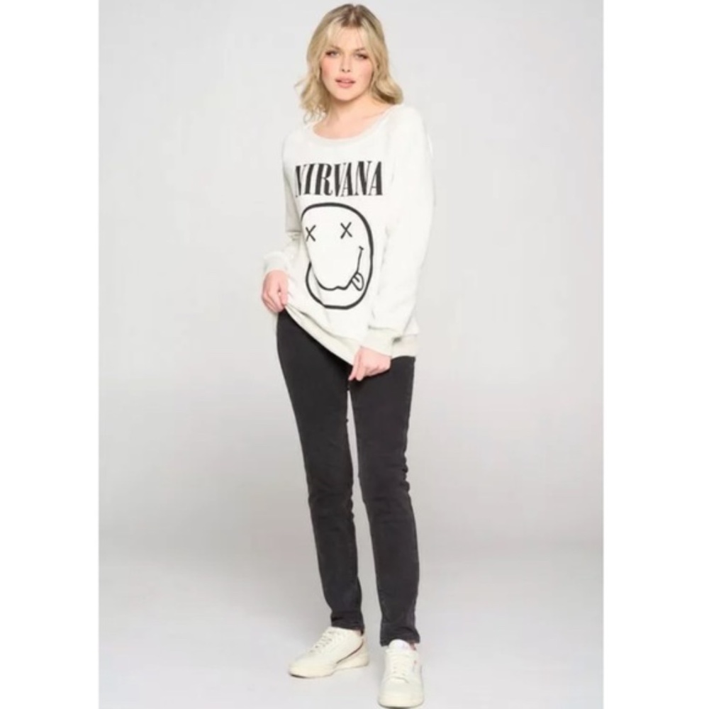 Cream Nirvana Smiley Face Band Graphic Sweatshirt - Picture 3 of 6